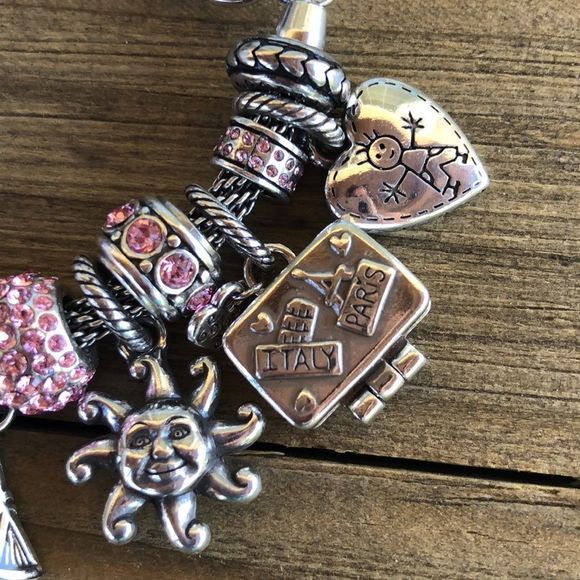 Brighton Pink & Silver Plated Slide Charm Bracelet 17 Charms! EUC - Picture 5 of 14